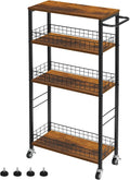 YBING Slim Storage Cart 4 Tier Narrow Kitchen Rolling Cart with Wooden Tabletop Mobile Utility Stand on Wheels for Bathroom Laundry Narrow Places Rustic Brown 16.5''L X 7.3''W X 34.6''H