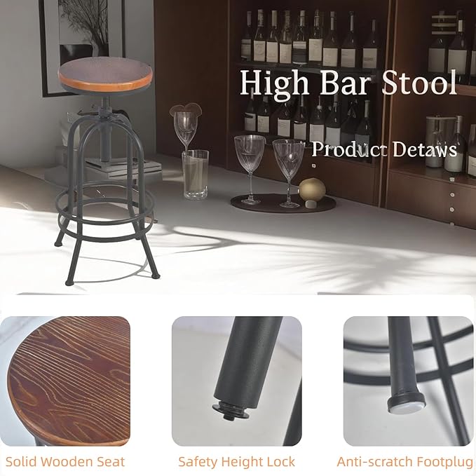 Set of 2-Industrial Bar Stool-Retro 26-32.3inch Swivel Stools-Extra Tall Kitchen Chair-Bar Counter Height Adjustable-Fully Welded (Black 2PCS)