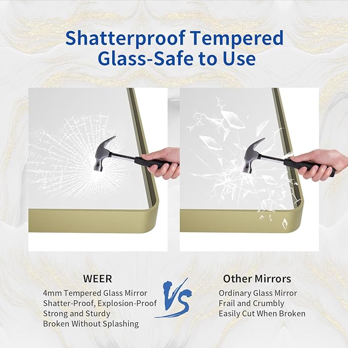 WEER Gold Bathroom Mirror, 55X36 Inch Brushed Gold Metal Frame Mirror, Rounded Rectangle Gold Bathroom Vanity Mirror for Wall, Tempered Glass, Anti-Rust, Hangs Horizontally or Vertically