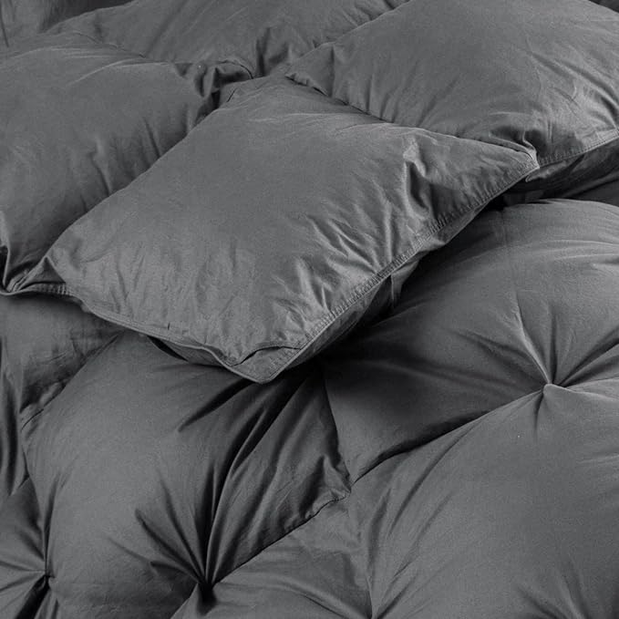 Luxurious All-Season Goose Down Feather Fiber Comforter King Size Duvet Insert, Exquisite Pinch Pleat Ruffled Twisted Flower, Premium Baffle Box, 100% Egyptian Cotton Cover, 70 oz. Fill Weight, Gray