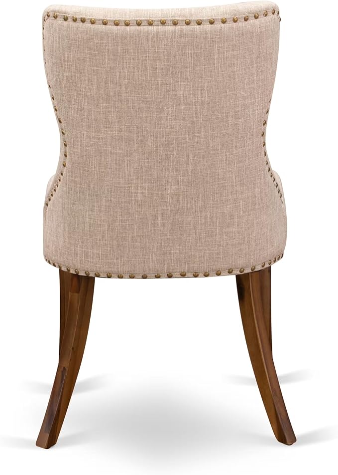 LESI9-AWA-04-9-pc Modern Dining Set Consists of a Dining Table and 8 Light Tan Linen Fabric Mid Century Dining Chairs with Button Tufted Back - Antique Walnut Finish