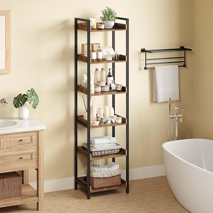 Rolanstar Bookshelf, 6-Tier Storage Rack, Narrow Corner Bookshelf, Display Wooden Shelves for Living Room, Bathroom, Balcony, Kitchen,Rustic Brown