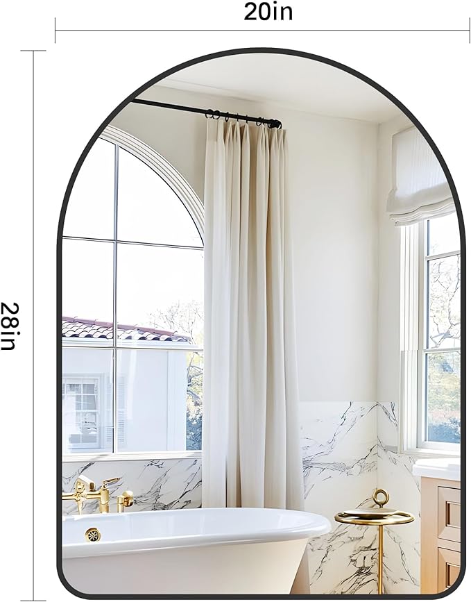 GLASHOM 20"x28" Black Arched Mirror for Bathroom, Wall Mounted Mirror, Aluminum Alloy Brushed Framed Wall Mirror, Anti-Rust, Large Mirror for Over Sink, Bedroom, Entryway Vertically Hanging