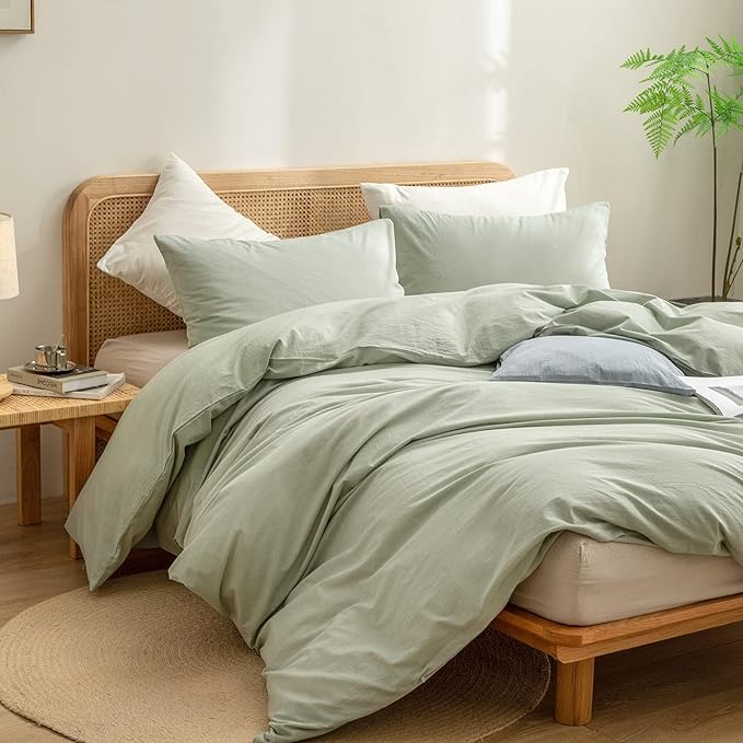 BESTOUCH Duvet Cover Set 100% Washed Cotton Linen Feel Super Soft Comfortable Chic Lightweight 3 PCs Home Bedding Set Solid Sage Green Oversized Queen