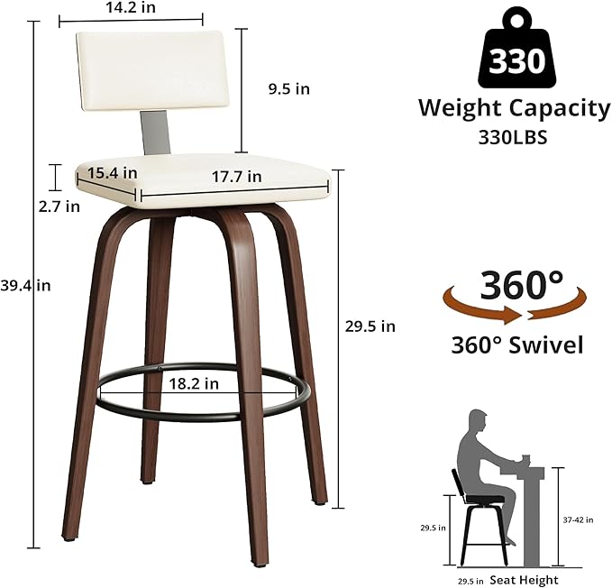 IRONCK Counter Height Bar Stools Set of 2, 29'' Faux Leather Upholstered Barstools with Back, Footrest, Wood Texture Bent Legs, Mid-Century Modern 360° Swivel Bar Stools for Kitchen Island, White