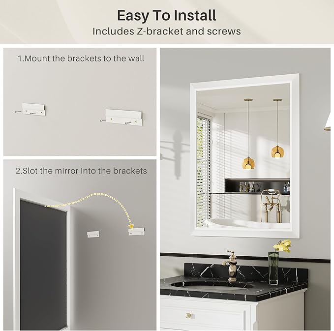 36x36 Inch White Bathroom Mirror for Wall, Thick Metal Framed Rectangle Mirrors for Over Sink, Bedroom, Living Room, Entryway, Anti-Rust, HD Tempered Glass