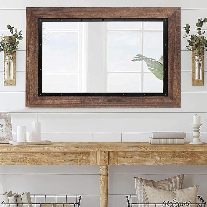 YOSHOOT Rustic Wooden Framed Wall Mirror, Natural Wood and Iron Bathroom Vanity Mirror for Farmhouse Decor, Vertical or Horizontal Hanging, 53" x 28", Brown