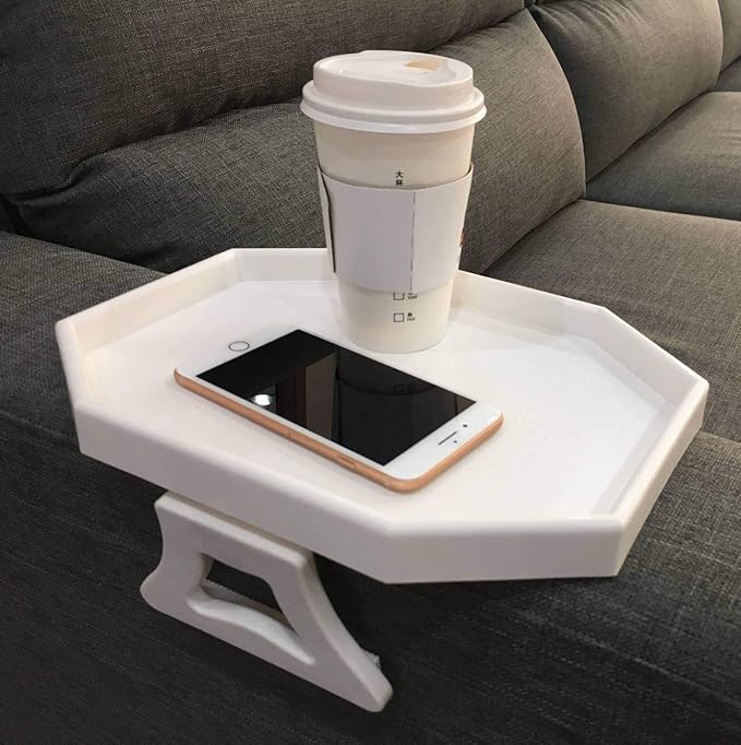 Sofa Armrest Clip Table – No-Slip Couch Tray for Drinks, Snacks, Remote – Adjustable Armchair Table for Living Room, Bedroom, Dorm – Fits Most Armrests (White)