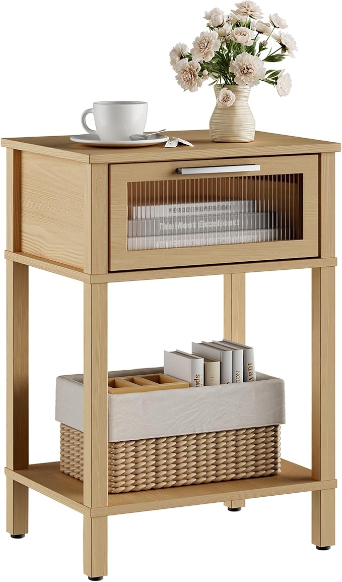 Nightstand Wooden Bedside Table with Drawer Natural Wood Night Stands Modern Style Small End Table Side Table with Storage Shelf for Bedroom Living Room MLBZ10YEV