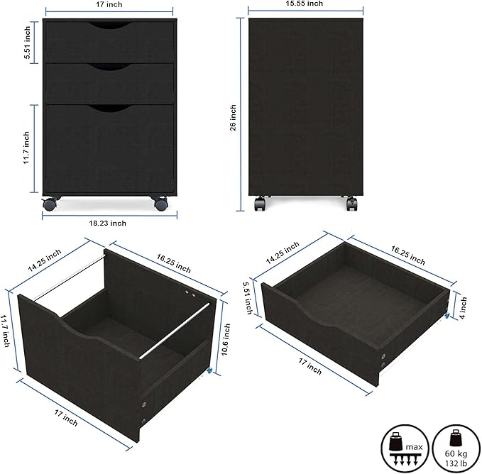 QDSSDECO 3 Drawer Mobile File Cabinet, Rolling Vertical Filing Cabinet fits A4, Legal Paper and Letter Paper for Home Office, Black
