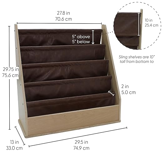 Factory Direct Partners Rustic Kid Birch Sling Book Display; Distressed Faux Leather 4-Shelf Storage for Books or Magazines; Furniture for Bedroom, Playroom, Daycare or Classroom - Walnut, 13745-323