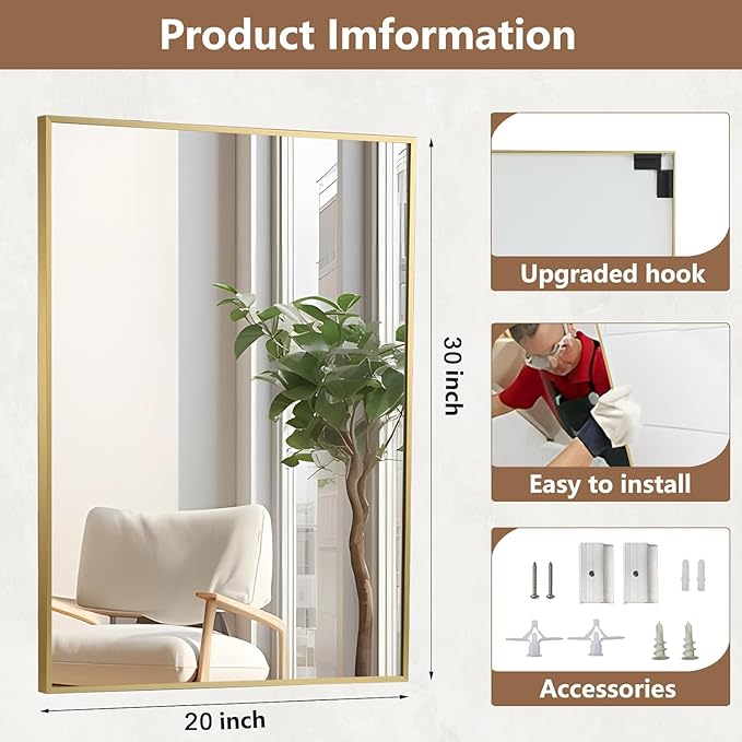 Gold Bathroom Mirror, 20"x30" Rectangle Mirror, Brushed Gold Mirror, Metal Frame Square Corner Vanity Mirror, Wall Mounted Mirror for Modern, Living Room, Bedroom, Horizontal Or Vertical