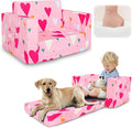 Kids Couch, 2-in-1 Kids Fold Out Sofa, Convertible Toddler Couch to Lounger for Girls and Boys, Soft Toddler Chairs Comfy 1-3 Years Old(Pink Heart)
