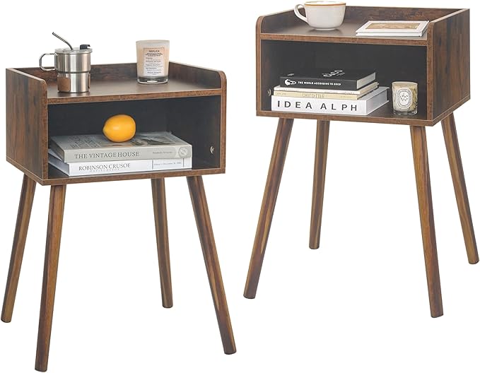 MaxSmeo Night Stand Set 2, Mid Century Modern Side Table Bedroom with Storage, Small End Bedside Table Set of 2 with Solid Wood Legs for Living Room, Office Small Spaces (Rustic Brown)