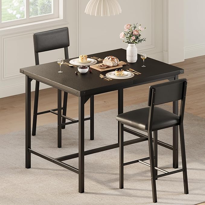 IDEALHOUSE Dining Table Set for 2 w/Counter Height Table & 2 Upholstered Bar Stools, 3-Piece Kitchen Table Set with Footrest & Corner Protector, for Kitchen Room, Apartment, Pub