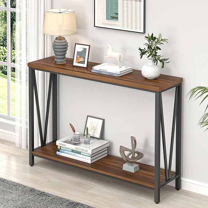 FOLUBAN Entryway Table, Narrow Console Table, Modern Sofa Table for Living Room, Hallway, Behind Couch (Rustic Walnut)
