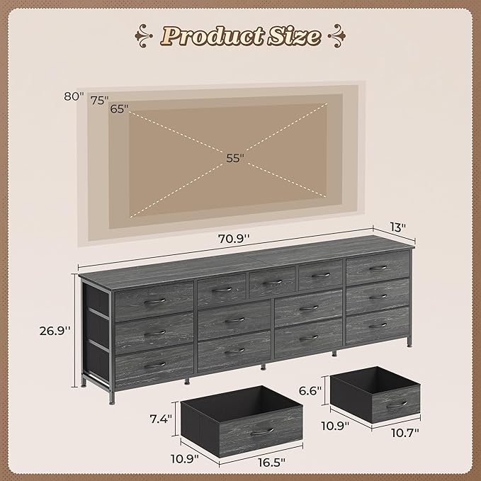 Huuger 70 Inch Dresser for Bedroom, TV Stand for 65, 75, 80 Inch TV, 13 Fabric Drawer Long Dresser, Large Entertainment Center for Bedroom, Wide Chest of Drawer with Storage, Charcoal Black