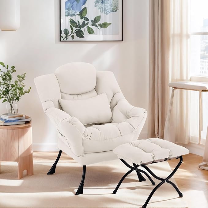 Lazy Chair with Ottoman, Comfy Fabric Accent Lounge Arm Chair with Lumbar Pillow and Folding Footrest, Reading Leisure Sofa Chair for Bedroom, Living Room, Dorm,Beige