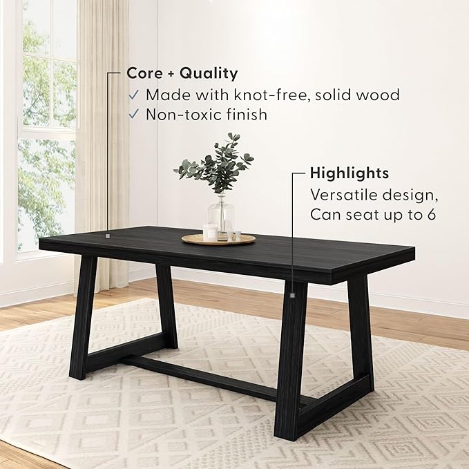 Plank+Beam 72 Inch Farmhouse Dining Table, Solid Wood Rustic Kitchen Table, Large Wooden Rectangular Dinner Table for Dining Room, Home Office, Living Room Furniture, Easy Assembly, Black Wirebrush