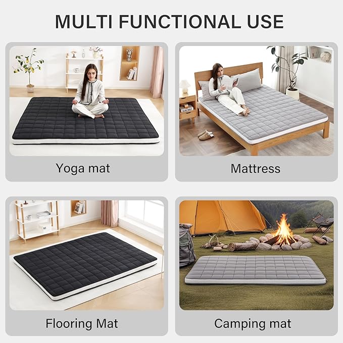 Welnow Japanese Futon Floor Mattress, Full Size Thick Tatami Mat Portable & Foldable Roll Up Floor Bed Mattress with Storage Bag, Sleeping Pad for Adults, Dorm, Guest Bed, Camping and Travel, Black