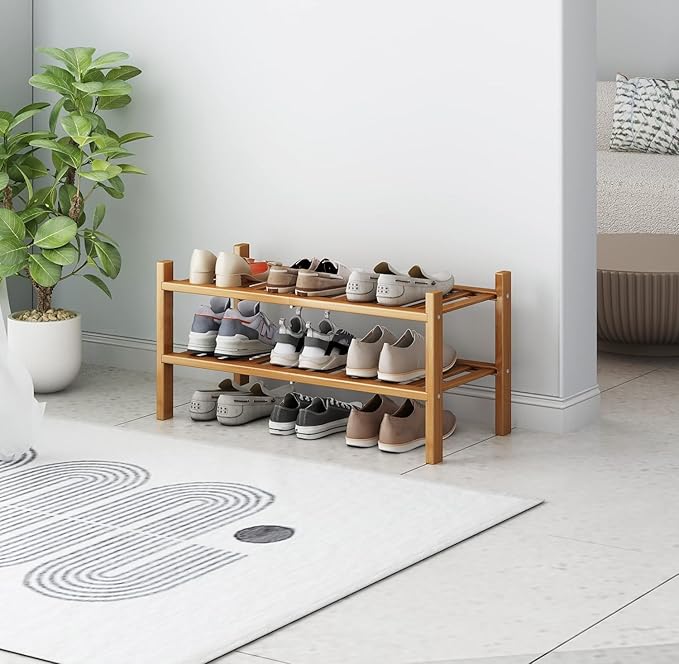 Bamboo Shoe Rack 2-Tier Organizer-Stackable Storage Shelf with Multi-Function Combinations-Free Standing Shoe Racks for Closet,Entryway,Hallway,Bathroom,Living Room Shoe Organization (Natural, 2-Tier)