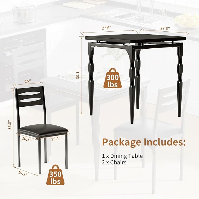 GarveeHome Dining Table Set for 2, Dining Table and Chairs Set of 2, 3 Piece Dining Table Set with Spiral Table Legs for Small Spaces, Kitchen, Apartment, Black