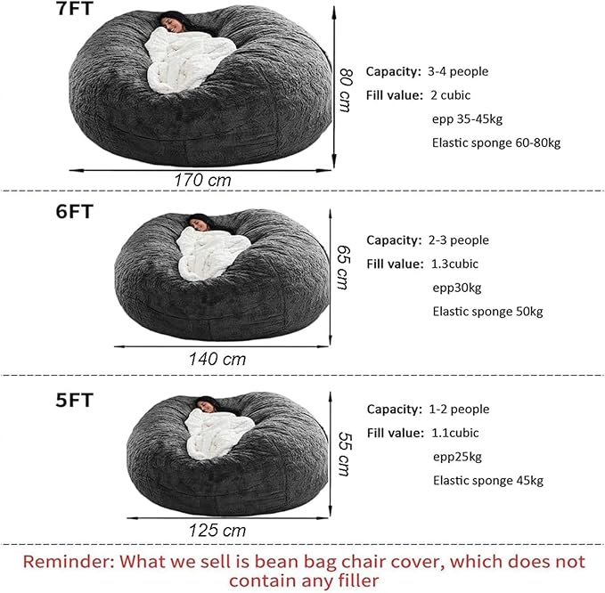 Bean Bag Chair for Adults Kids Without Filling Comfy Fluffy Giant Round Beanbag Lazy Sofa Cover with Words Embroidered for Reading Chair Floor Chair, 5FT, Black