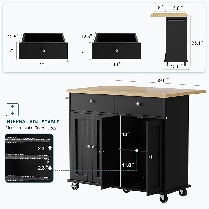 Shintenchi Kitchen Island with Drop Leaf, Rolling Kitchen Cart with Storage on Wheels, Table Bar Cart for Kitchen with Towel Rack & Seating Area for Dining Room, Black