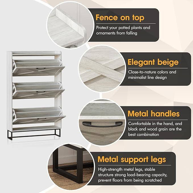 Maupvit Shoe Storage Cabinet with 3 Flip Drawers, Freestanding Organizer with Metal Legs for Entryway, Narrow Shoe Rack Cabinet, Beige