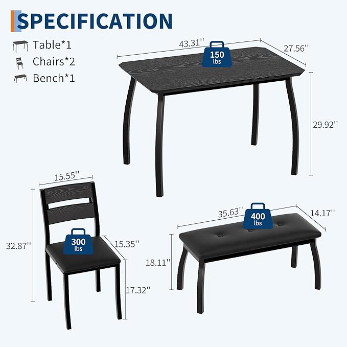 GAOMON Dining Table Set for 4, Wooden Kitchen Table with Upholstered Bench & 2 Cushion Chairs, Space-Saving Dinette Set for Studio, Kitchen, Dining Room, Apartment(43''x28''x30''), Black