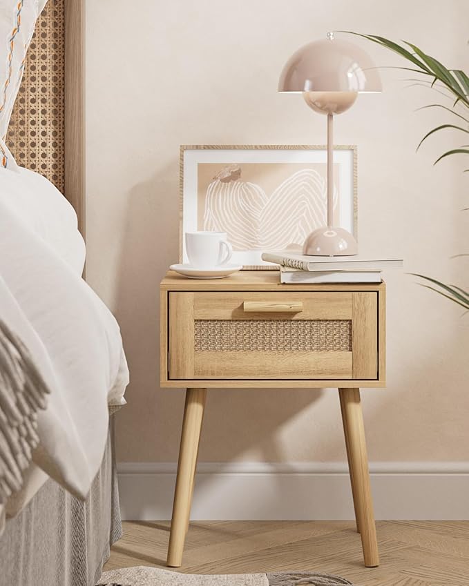 Rattan Nightstand, Small Night Stand, Side Table with Drawer Open Shelf, Cane Accent Bedside End Table with Wood Legs, Bohemian Wood Nightstand for Bedroom, Oak (Bohemian)