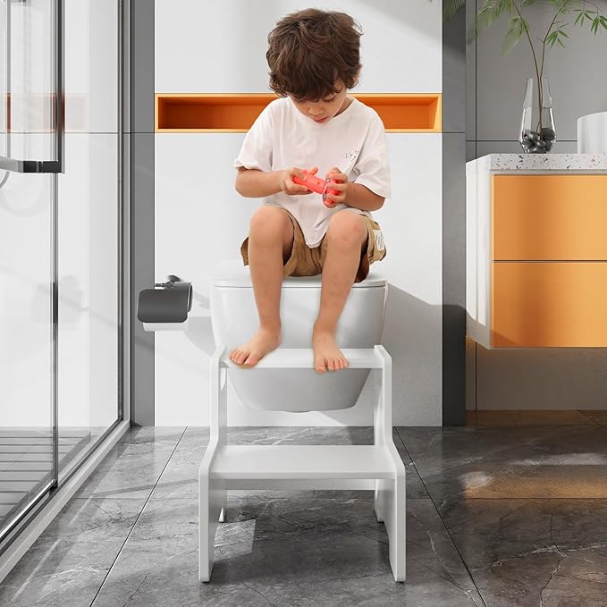 Wooden Step Stool for Kids/Adults,Supports 300 lbs Kids Toddler Stepping Stool for Toilet/Kitchen/Bed,White 2 Packs