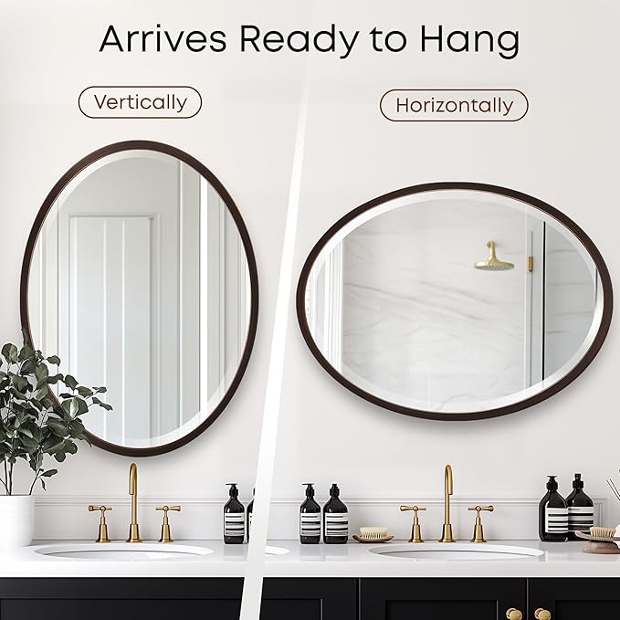 OVALCREST - Oval Wooden Beveled Wall Mirror for Home Decor, Bathroom, Vanity, Bedroom, Living Room, Hallway - London Style (Rubbed Bronze) 25.1 x 31.1