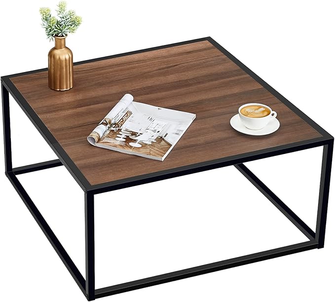 SAYGOER Farmhouse Coffee Table Rustic Wood Coffee Tables Mid Century Modern Coffe Tables for Small Spaces Simple Square Low Center Table for Living Room Home Office Boho Style, Walnut