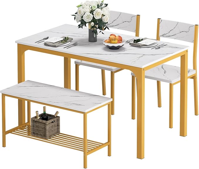 soges 4 Person Dining Table Set,43.3 inch Kitchen Table Set for 4,2 Chairs with Backrest,2-Person Bench with Storage Rack,Nesting Furniture Set for Dining Room and Restaurant, White Gold