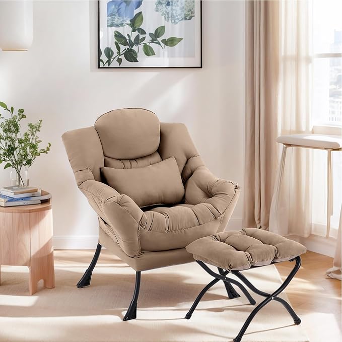 Lazy Chair with Ottoman, Modern Lounge Armchair with Lumbar Pillow, Accent Cozy Reading Chair and Folding Footstool for Bedroom, Dorm, Living Room,Khaki