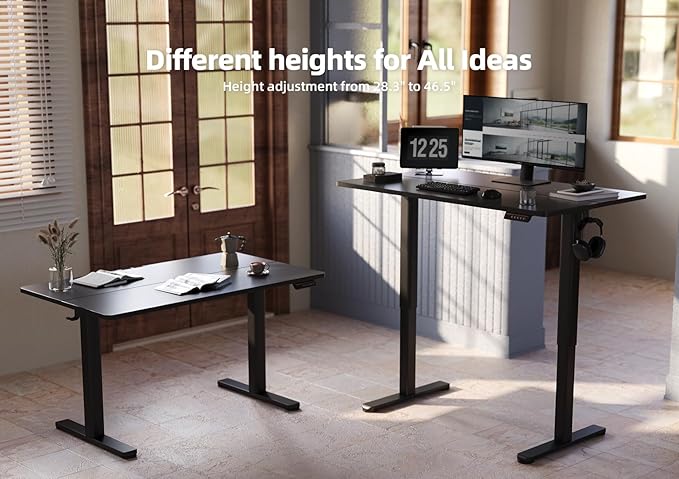 YDN Electric Standing Desk, Adjustable Height Stand up Desk, 48x24 Inches Sit Stand Home Office Desk with Splice Board, Black Top