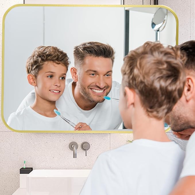 24x32 Inch Gold Mirror, Framed Rectangle Mirror with Rounded Corner, Brushed Brass Mirror, Gold Bathroom Mirror for Over Sink, Vanity, Living Room, Bedroom, Horizontal/Vertical