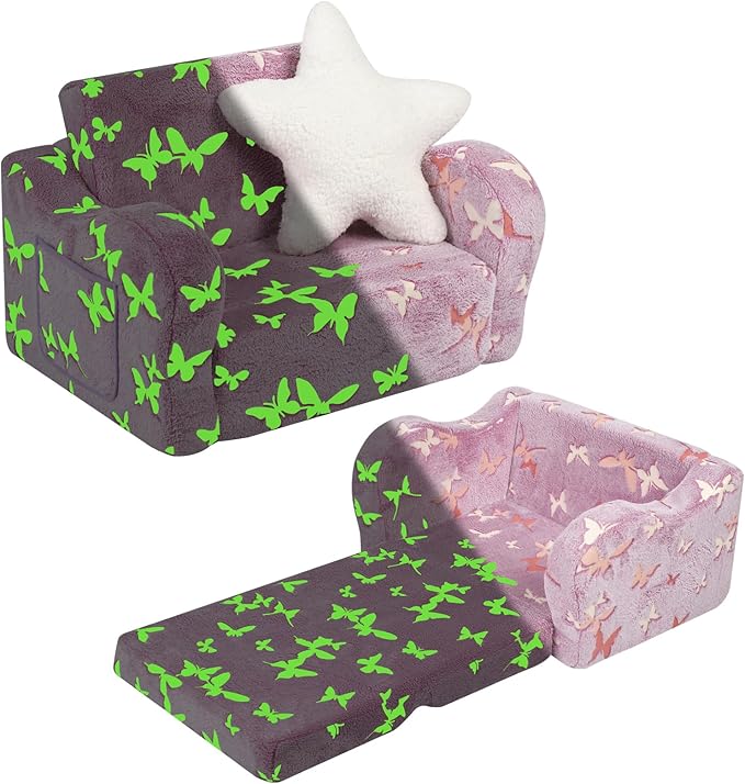 Butterfly Glow in The Dark Toddler Couch, 2-in-1 Toddler Soft Couch Fold Out with Star Pillow, Convertible Sofa to Lounger for Girls and Boys, 1-Seat