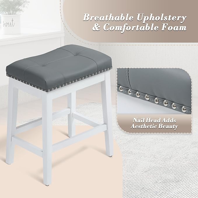 Athena Collection Bar Stools Set of 2, 25 Inches Counter Height Bar Stools Backless with Footrest, Leather Upholstered Saddle Barstools with Nailhead Trim for Kitchen Island, Counter, Grey White