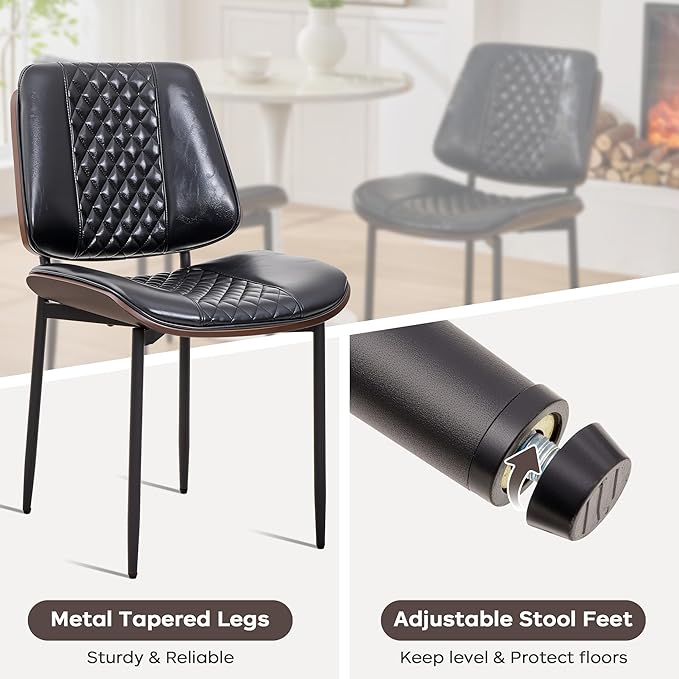 Dining Chairs Set of 4, Upholstered PU Leather Armless Chair, Mid Century Modern Dining Room Chairs, Retro Walnut Bentwood Kitchen Chair with Metal Legs and Adjustable Feet, Black