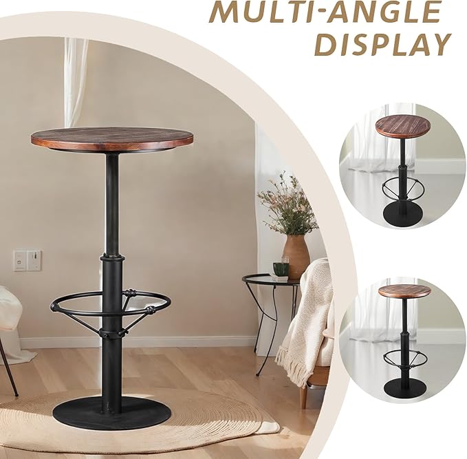 LOKKHAN 42" Tall Rustic Industrial Bar Table-19.68" Dia Round Wooden Top Metal Bar Height Adjustable Standing Pub Table-Dining Room Bistro Table-Cocktail Table