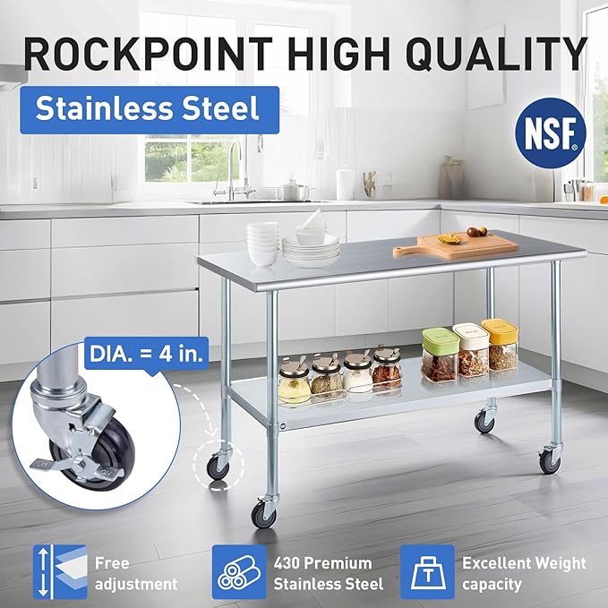 ROCKPOINT Stainless Steel Table for Prep & Work with Caster Wheels 30x30 Inches, NSF Commercial Heavy Duty Table with Undershelf and Legs for Restaurant, Home and Hotel