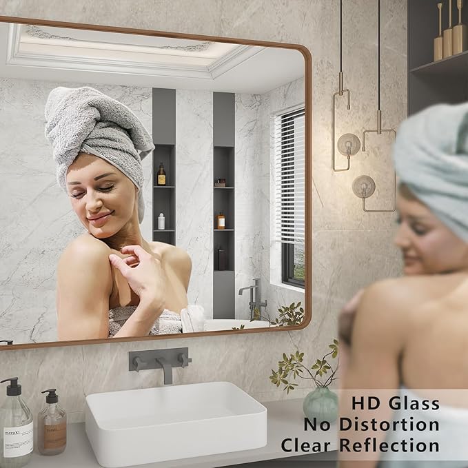 72x36 Inch Gold Bathroom Mirror for Wall, Large Brushed Gold Framed Mirror, Large Rectangle Vanity Mirror, Rounded Corner, Shatterproof, Anti-Rust (Horizontal/Vertical)
