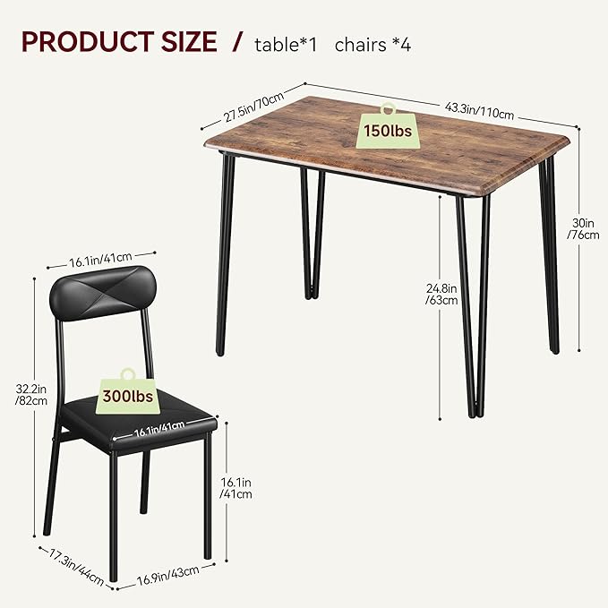 IDEALHOUSE Dining Table Set for 4, Kitchen Table with Upholstered Chairs for Kitchen Room and Small Spaces (Retro, Table with 4 Upholstered Chairs)