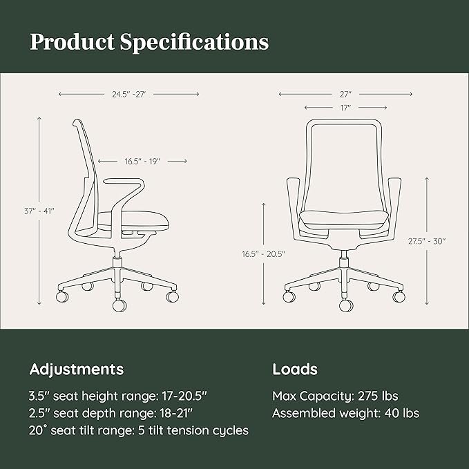 Branch Verve Chair - High Performance Executive Office Chair with Contoured Seat Back and Adjustable Lumbar Rest - High Density Foam Cushion with Aluminum Base - Up to 275 lbs - Cobalt