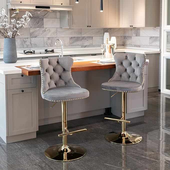 PacknWood Acosure Golden Swivel Velvet Barstools Adjusatble Seat Height from 25-33" with Comfortable Tufted,Modern Upholstered Chrome Base Bar Chairs,for Home Pub Kitchen,Gray,Set of 2