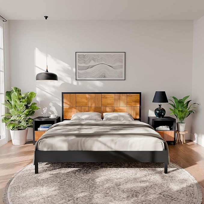 Bme Madia King Size Bed Frame and Headboard, Sophisticated Mid-Century Style with Fluted Pattern, 800lbs Weight Support, Crafted from Durable Acacia Wood Slats, Simple Assembly, Sleek Black Finish