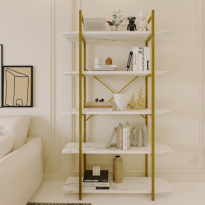 5 Tiers Bookshelf Organizer White Faux Marble Shelf,Modern Open Display Storage Bookcase, and Metal Bookshelf Standing Storage Shelf Tall Shelving Units for Home Office Study
