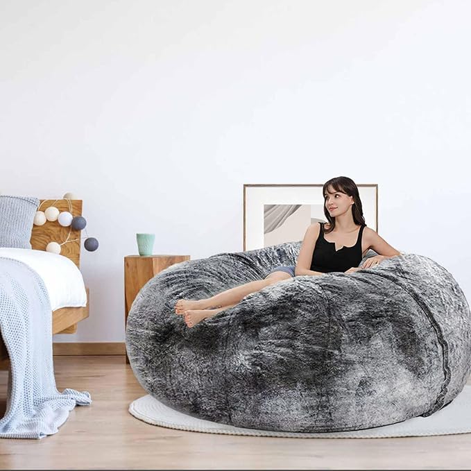 Bean Bag Chair Cover for Adults Kids Comfy Fluffy Giant Round Beanbag Cover Floor Chair Cover for Stuffed Animals Storage, 7FT, Black